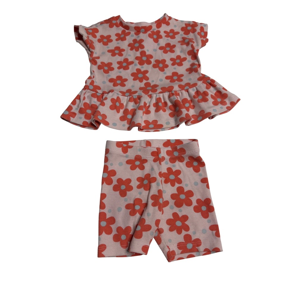 Cat & Jack Baby Girls 12M Pink Red Floral Ribbed Peplum Top and Shorts Set